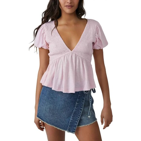Free People Large Charlotte Sugar Spoonful Ruffled v neck Open back Pink top - Picture 2 of 8